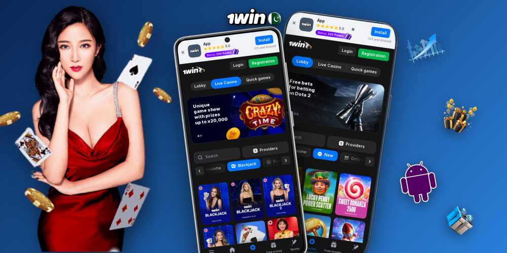 1Win game app wide banner showing cricket live betting and casino slot lobby