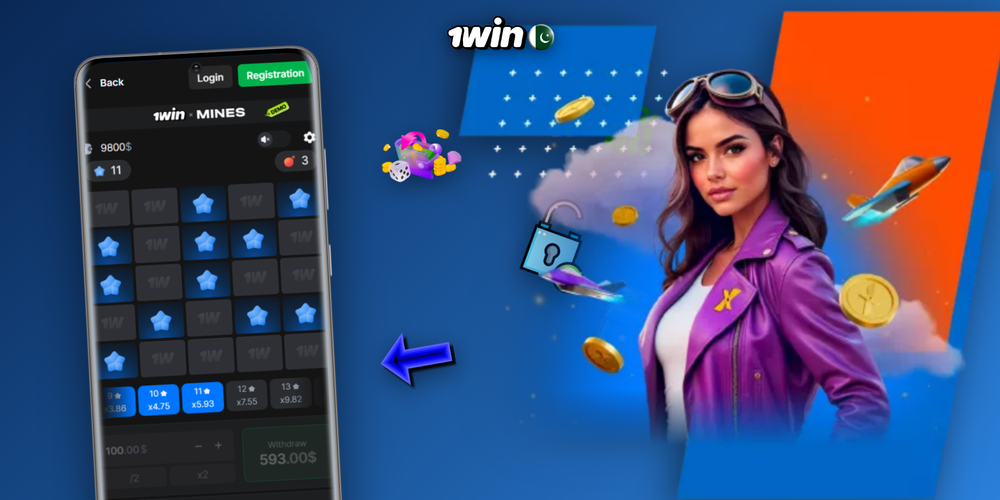 1Win Mines game interface mid-round with revealed gems and cash-out button highlighted