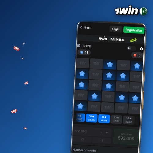 Mines Pro 1Win 5x5 grid with glowing gems and rising multiplier badge