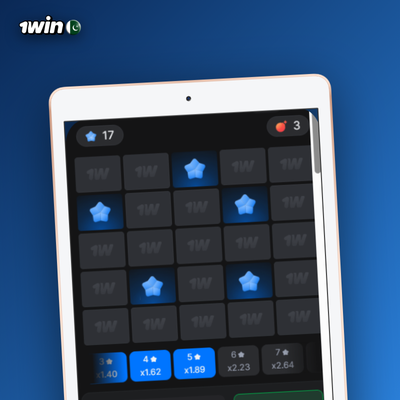 1Win Mines strategy tile with three mines and moderate multiplier growth gems