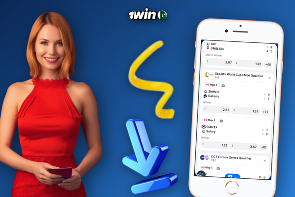 1Win welcome bonus across four deposits shown as rising PKR coin towers