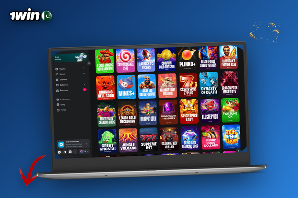 1Win PC download running smoothly on a slim laptop with cricket odds visible
