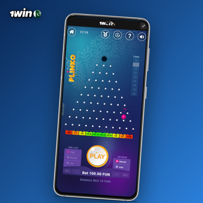 1Win Plinko app 16-row board with widened multiplier curve and gold accents