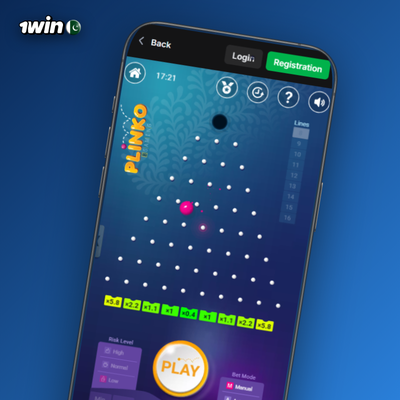 1Win Plinko casino high-risk board with ball hitting a glowing edge multiplier