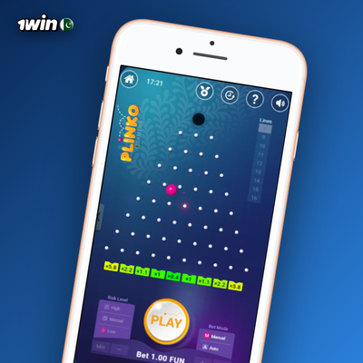1Win Plinko casino low-risk board with balls clustering in centre payout slots